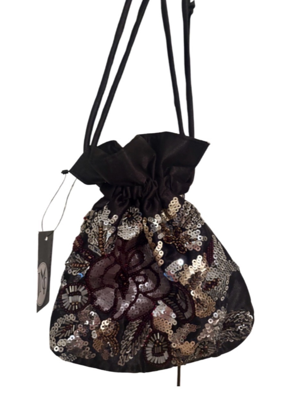 Jessica McClintock Black Sequin Drawstring Evening Bag